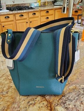 Bostanten Teal Leather Bucket Bag with Striped Shoulder Strap